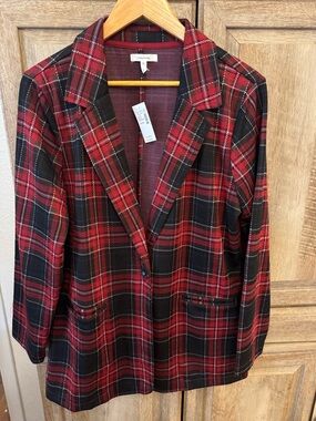 Maurices Red and Black Plaid Jacket with Notch Collar